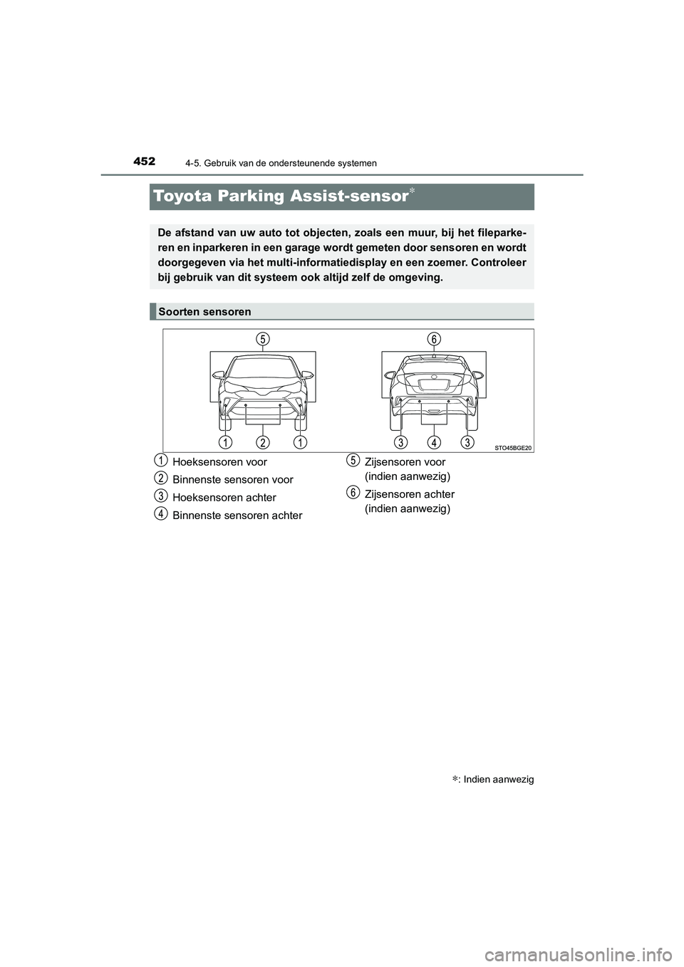 TOYOTA C_HR HYBRID 2021  Instructieboekje (in Dutch) 4524-5. Gebruik van de ondersteunende systemen
C-HR_HV_OM_Europe_OM10701E
Toyota Parking Assist-sensor∗
∗: Indien aanwezig
De afstand van uw auto tot objecten, zoals een muur, bij het fileparke-
r