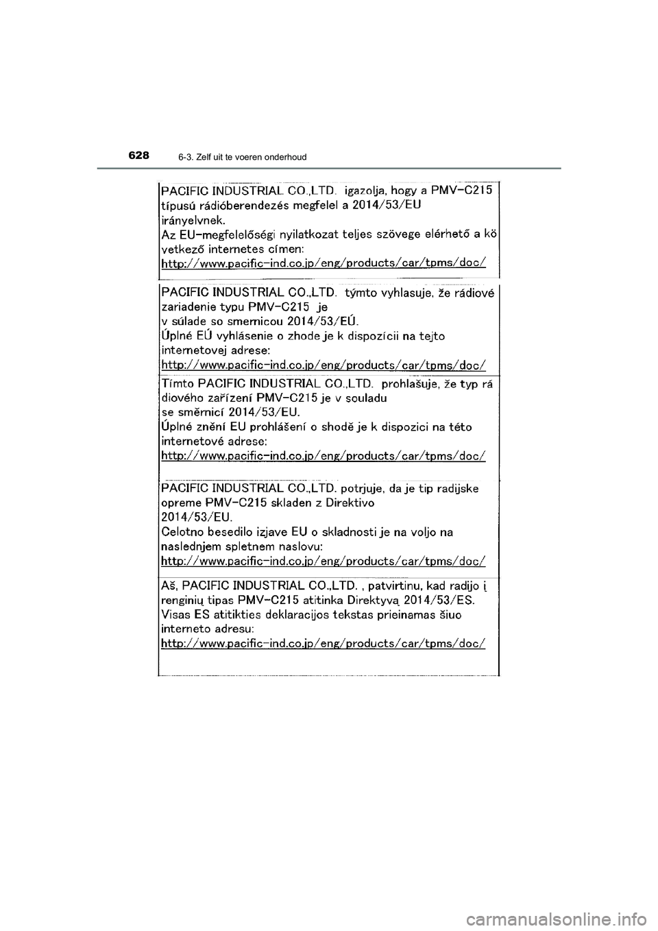 TOYOTA C_HR HYBRID 2021  Instructieboekje (in Dutch) 6286-3. Zelf uit te voeren onderhoud
C-HR_HV_OM_Europe_OM10701E
C-HR_HV_OM_Europe_OM10701E.book  Page 628  Wednesday, June 10, 2020  12:21 PM 
