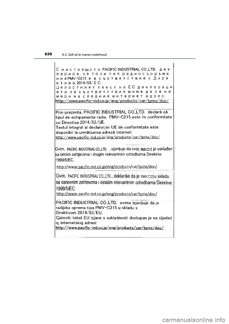 TOYOTA C_HR HYBRID 2021  Instructieboekje (in Dutch) 6306-3. Zelf uit te voeren onderhoud
C-HR_HV_OM_Europe_OM10701E
C-HR_HV_OM_Europe_OM10701E.book  Page 630  Wednesday, June 10, 2020  12:21 PM 
