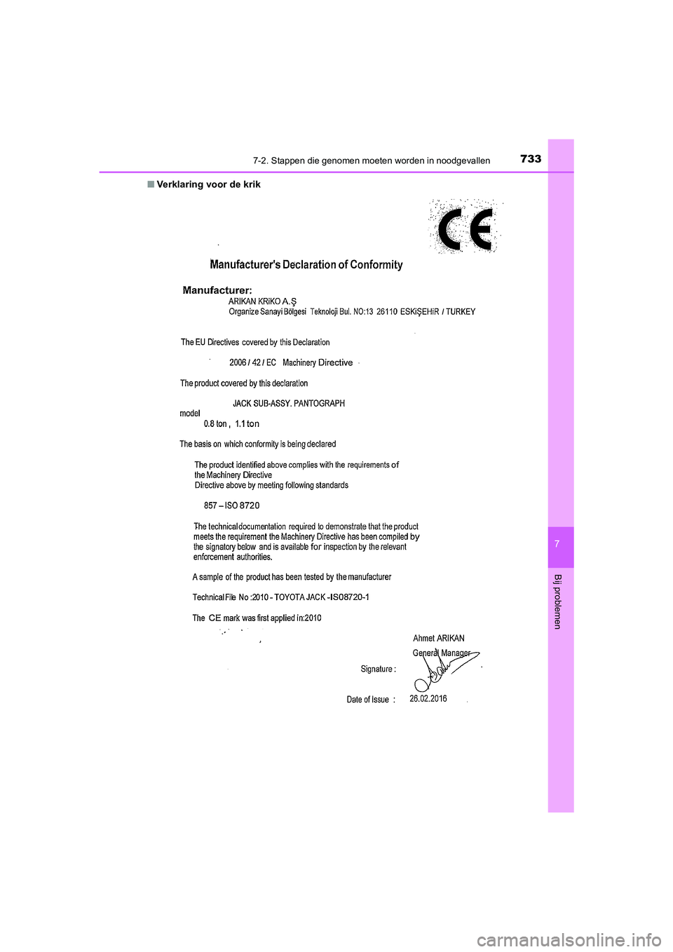 TOYOTA C_HR HYBRID 2021  Instructieboekje (in Dutch) 7337-2. Stappen die genomen moeten worden in noodgevallen
C-HR_HV_OM_Europe_OM10701E
7
Bij problemen
■Verklaring voor de krik
C-HR_HV_OM_Europe_OM10701E.book  Page 73 3  Wednesday, June 10, 2020  12