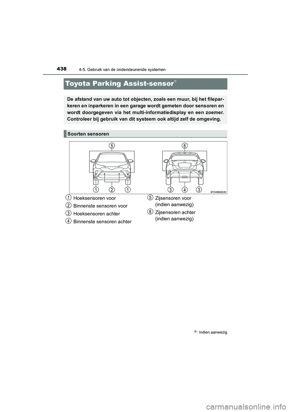 TOYOTA C_HR HYBRID 2020  Instructieboekje (in Dutch) 4384-5. Gebruik van de ondersteunende systemen
C-HR_HV_OM_Europe_OM10647E
Toyota Parking Assist-sensor∗
∗: Indien aanwezig
De afstand van uw auto tot objecten, zoals een muur, bij het filepar-
ker