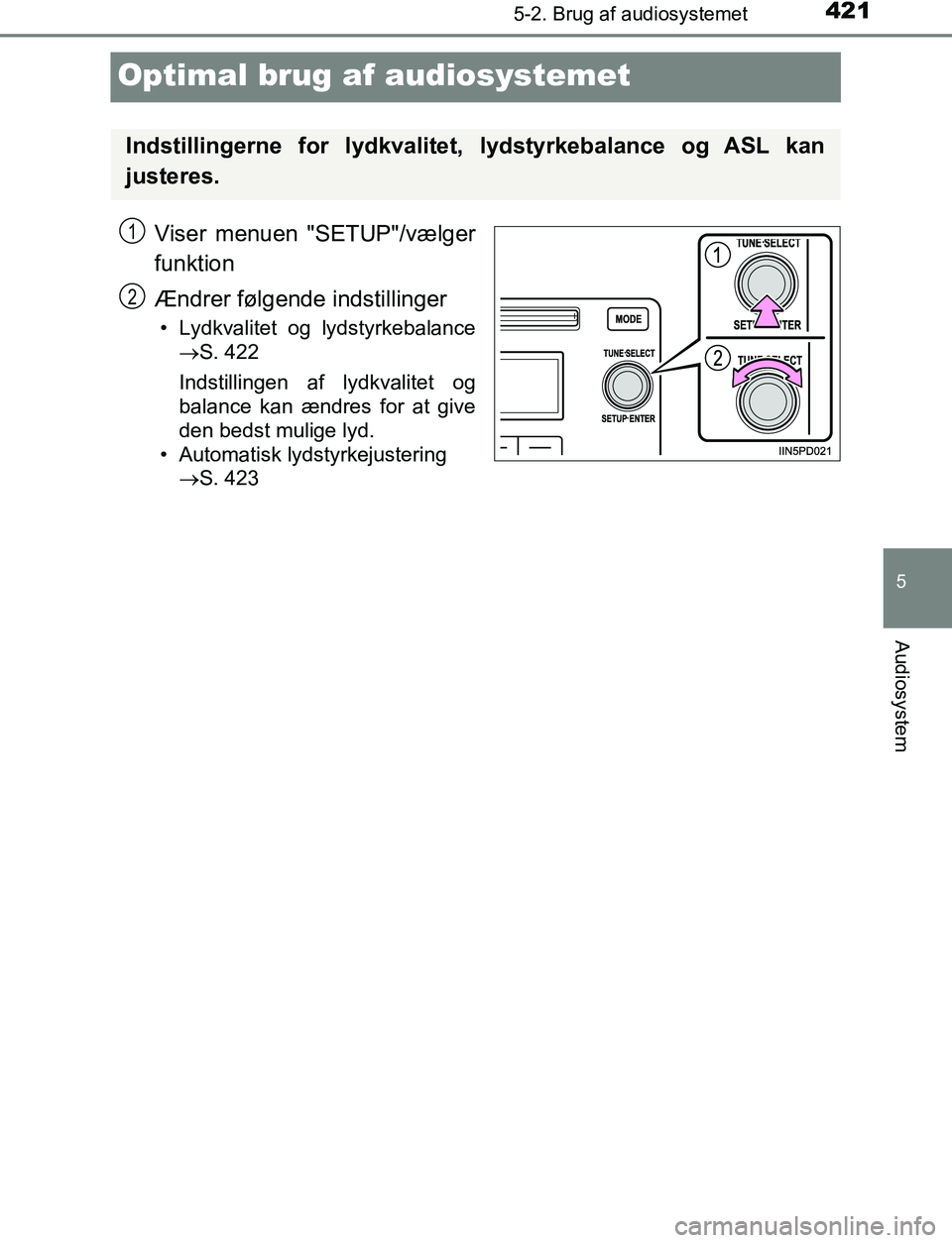 TOYOTA C_HR HYBRID 2017  Brugsanvisning (in Danish) 421
5
5-2. Brug af audiosystemet
Audiosystem
C-HR_HV_OM_Europe_OM10538DK
Optimal brug af audiosystemet
Viser menuen "SETUP"/vælger
funktion
Ændrer følgende indstillinger
• Lydkvalitet og lydstyrk