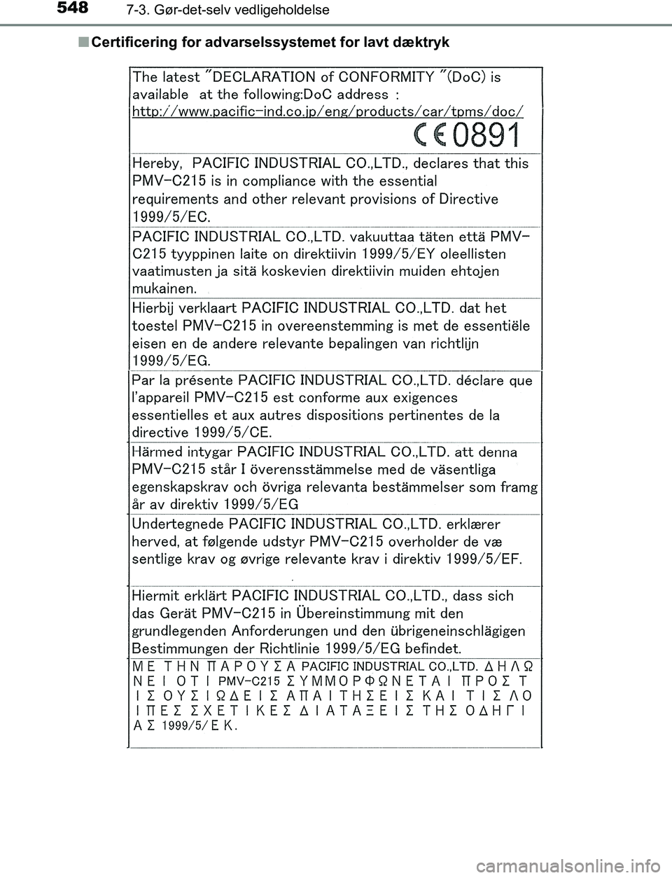 TOYOTA C_HR HYBRID 2017  Brugsanvisning (in Danish) 5487-3. Gør-det-selv vedligeholdelse
C-HR_HV_OM_Europe_OM10538DKn
Certificering for advarselssystemet for lavt dæktryk
OM10538DK.book  Page 548  Thursd ay, December 22, 2016  11:23 AM 