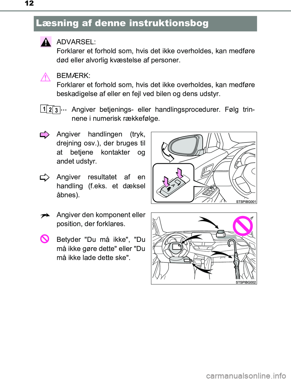 TOYOTA C_HR HYBRID 2016  Brugsanvisning (in Danish) 12
C-HR_HV_OM_Europe_OM10538DK
Læsning af denne instruktionsbog
ADVARSEL: 
Forklarer et forhold som, hvis det ikke overholdes, kan medføre
død eller alvorlig kvæstelse af personer.
BEMÆRK: 
Forkl
