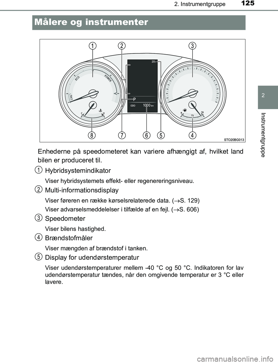 TOYOTA C_HR HYBRID 2016  Brugsanvisning (in Danish) 125
2
2. Instrumentgruppe
Instrumentgruppe
C-HR_HV_OM_Europe_OM10538DK
Målere og instrumenter
Enhederne på speedometeret kan variere afhængigt af, hvilket land
bilen er produceret til.
Hybridsystem