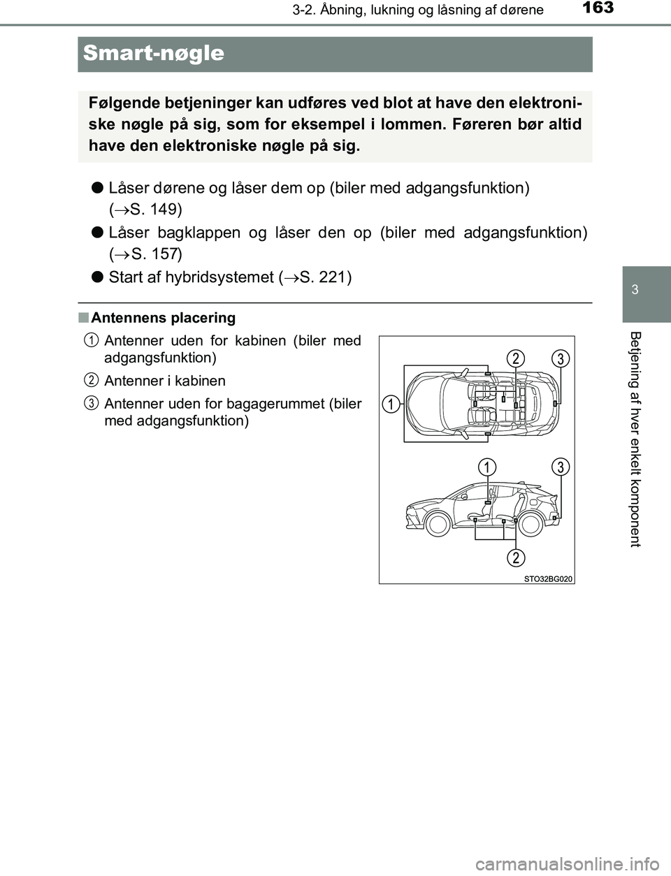 TOYOTA C_HR HYBRID 2016  Brugsanvisning (in Danish) 163
3
3-2. Åbning, lukning og låsning af dørene
Betjening af hver enkelt komponent
C-HR_HV_OM_Europe_OM10538DK
Smart-nøgle
lLåser dørene og låser dem op (biler med adgangsfunktion) 
( S. 149