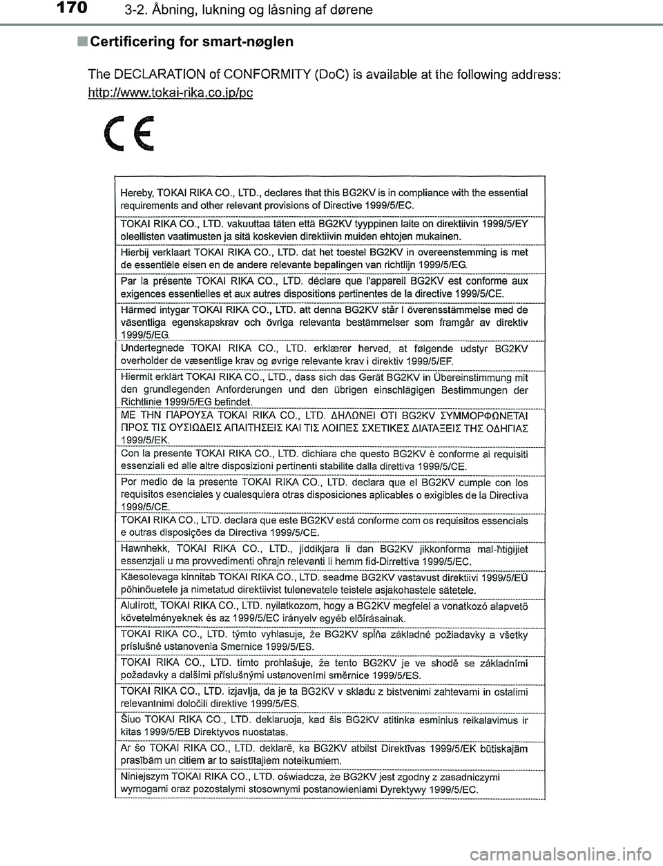 TOYOTA C_HR HYBRID 2016  Brugsanvisning (in Danish) 1703-2. Åbning, lukning og låsning af dørene
C-HR_HV_OM_Europe_OM10538DKn
Certificering for smart-nøglen
OM10538DK.book  Page 170  Thursd ay, December 22, 2016  11:23 AM 