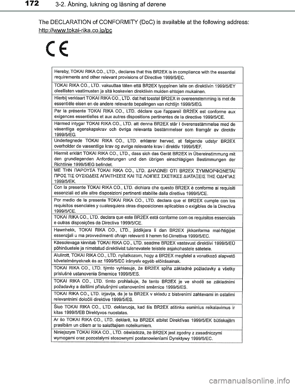 TOYOTA C_HR HYBRID 2016  Brugsanvisning (in Danish) 1723-2. Åbning, lukning og låsning af dørene
C-HR_HV_OM_Europe_OM10538DK
OM10538DK.book  Page 172  Thursday, December 22, 2016  11:23 AM 