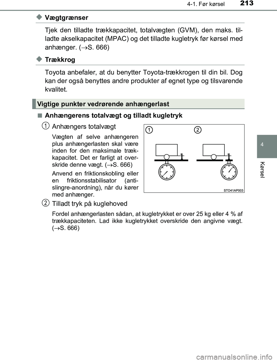 TOYOTA C_HR HYBRID 2016 Brugsanvisning (in Danish) 2134-1. Før kørsel
4
Kørsel
C-HR_HV_OM_Europe_OM10538DK
uVægtgrænser
Tjek den tilladte trækkapacitet, totalvægten (GVM), den maks. til-
ladte akselkapacitet (MPAC) og det tilladte kugletryk fø TOYOTA C_HR HYBRID 2016 Brugsanvisning (in Danish) 2134-1. Før kørsel
4
Kørsel
C-HR_HV_OM_Europe_OM10538DK
uVægtgrænser
Tjek den tilladte trækkapacitet, totalvægten (GVM), den maks. til-
ladte akselkapacitet (MPAC) og det tilladte kugletryk fø