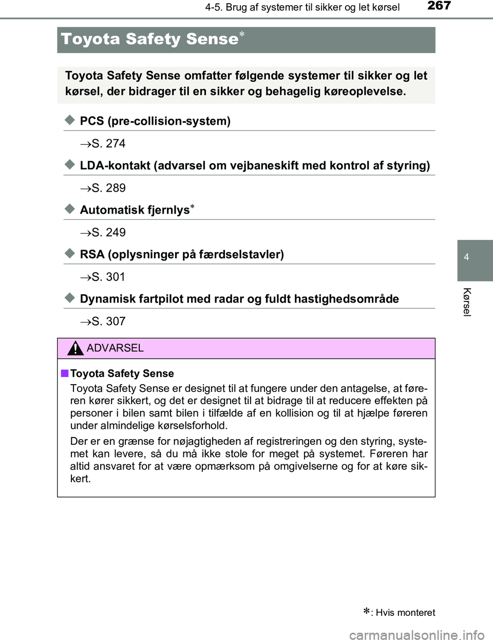 TOYOTA C_HR HYBRID 2016 Brugsanvisning (in Danish) 267
4
4-5. Brug af systemer til sikker og let kørsel
Kørsel
C-HR_HV_OM_Europe_OM10538DK
Toyota Safety Sense
uPCS (pre-collision-system)
S. 274
uLDA-kontakt (advarsel om vejbaneskift med kontro TOYOTA C_HR HYBRID 2016 Brugsanvisning (in Danish) 267
4
4-5. Brug af systemer til sikker og let kørsel
Kørsel
C-HR_HV_OM_Europe_OM10538DK
Toyota Safety Sense
uPCS (pre-collision-system)
S. 274
uLDA-kontakt (advarsel om vejbaneskift med kontro