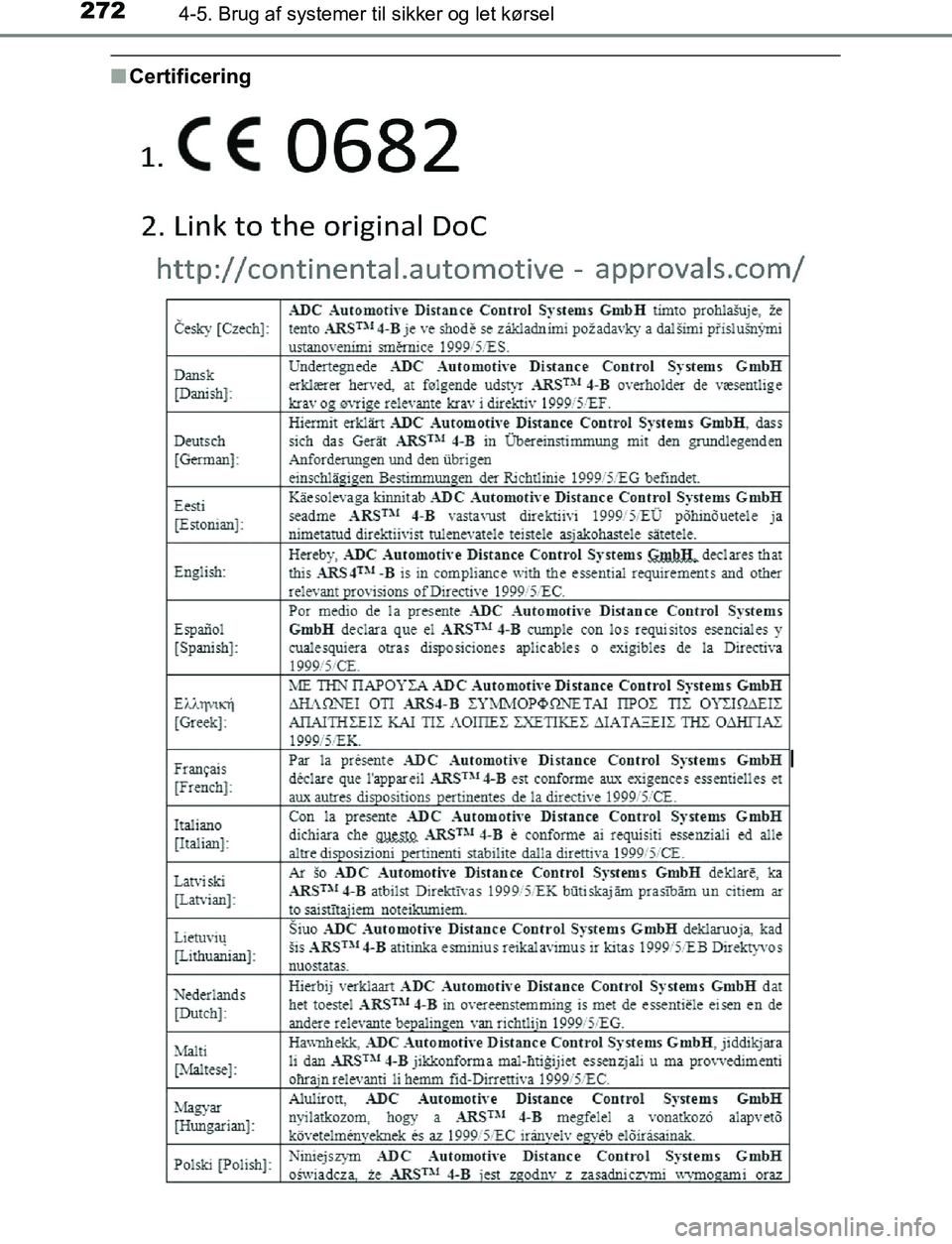 TOYOTA C_HR HYBRID 2016  Brugsanvisning (in Danish) 2724-5. Brug af systemer til sikker og let kørsel
C-HR_HV_OM_Europe_OM10538DK
nCertificering
OM10538DK.book  Page 272  Thursd ay, December 22, 2016  11:23 AM 