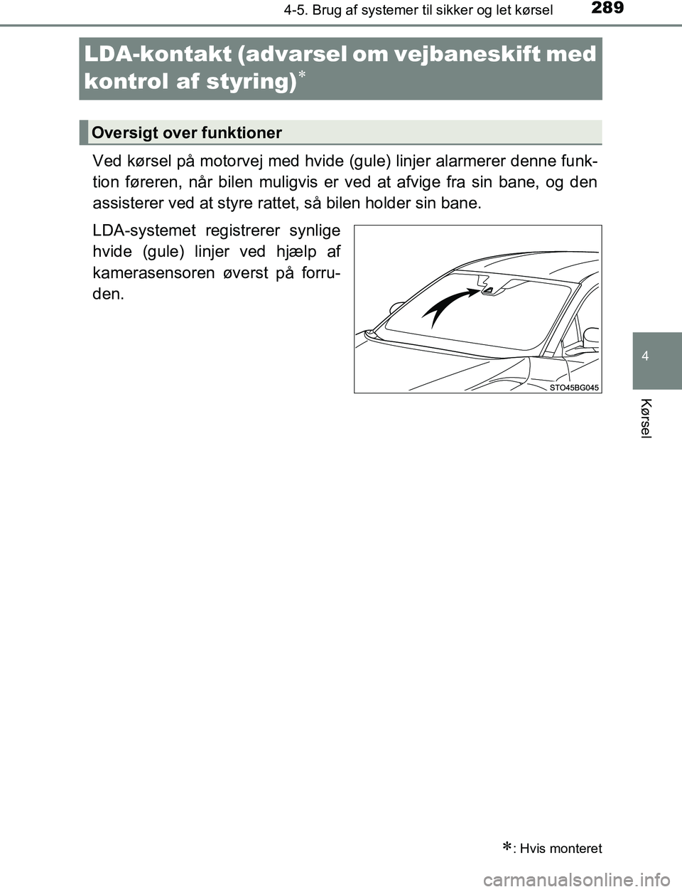 TOYOTA C_HR HYBRID 2016  Brugsanvisning (in Danish) 289
4
4-5. Brug af systemer til sikker og let kørsel
Kørsel
C-HR_HV_OM_Europe_OM10538DK
LDA-kontakt (advarsel  om vejbaneskift med 
kontrol af styring)

Ved kørsel på motorvej med hvide (gule) 