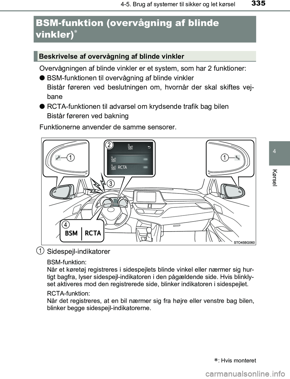TOYOTA C_HR HYBRID 2016  Brugsanvisning (in Danish) 335
4
4-5. Brug af systemer til sikker og let kørsel
Kørsel
C-HR_HV_OM_Europe_OM10538DK
BSM-funktion (overvågning af blinde 
vinkler)

Overvågningen af blinde vinkler er et system, som har 2 fu