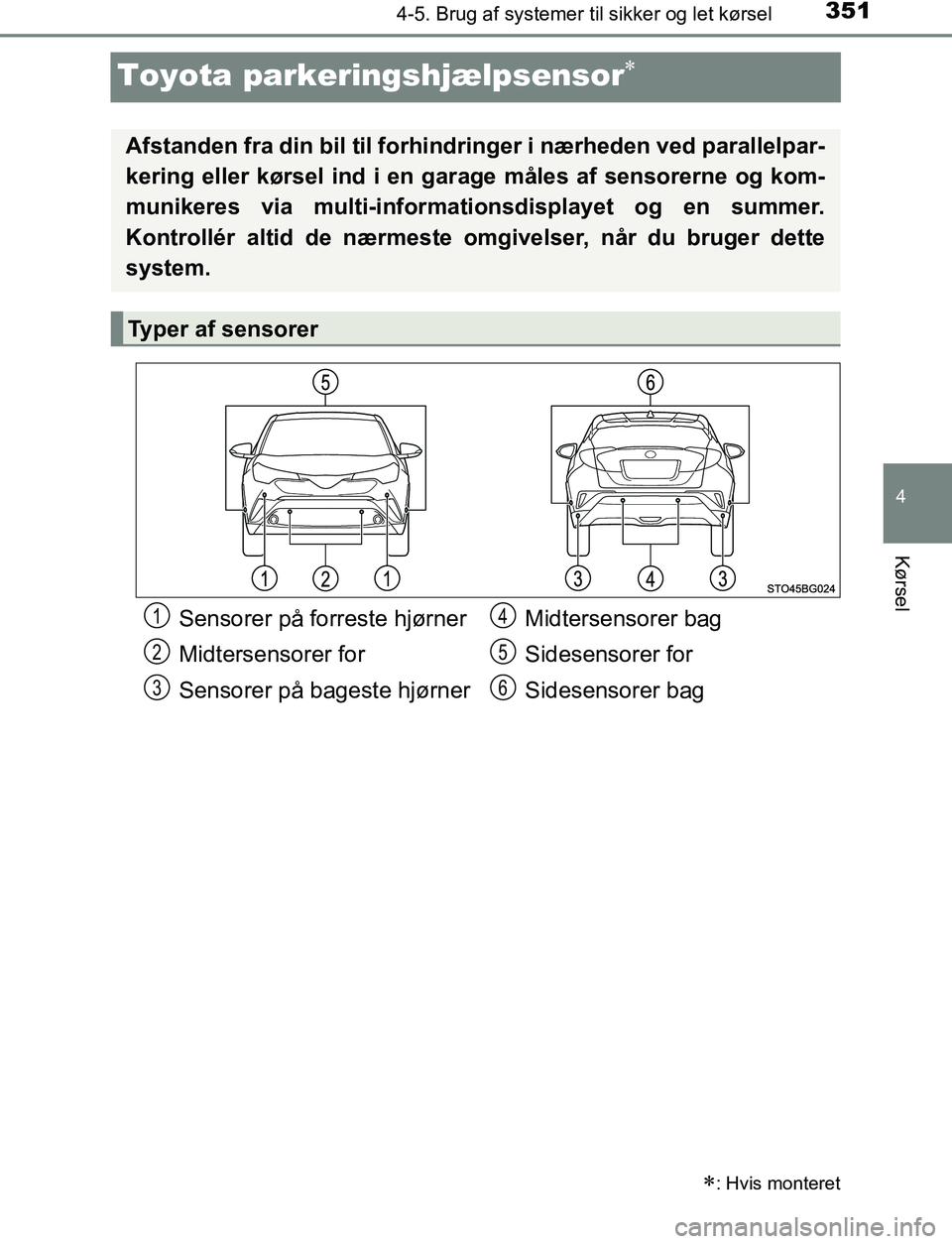 TOYOTA C_HR HYBRID 2016  Brugsanvisning (in Danish) 351
4
4-5. Brug af systemer til sikker og let kørsel
Kørsel
C-HR_HV_OM_Europe_OM10538DK
Toyota parkeringshjælpsensor
: Hvis monteret
Afstanden fra din bil ti l forhindringer i nærheden ved p