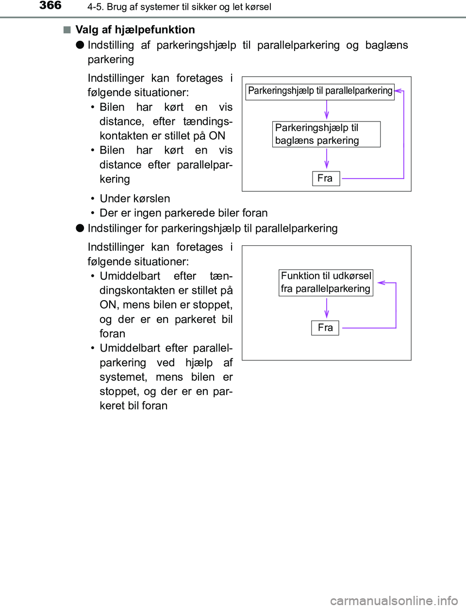 TOYOTA C_HR HYBRID 2016  Brugsanvisning (in Danish) 3664-5. Brug af systemer til sikker og let kørsel
C-HR_HV_OM_Europe_OM10538DKn
Valg af hjælpefunktion
l
Indstilling af parkeringshjælp t il parallelparkering og baglæns
parkering
Indstillinger kan
