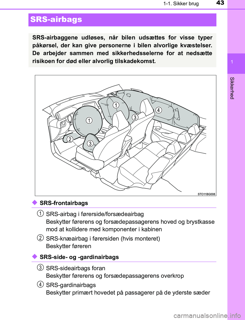 TOYOTA C_HR HYBRID 2016  Brugsanvisning (in Danish) 431-1. Sikker brug
1
Sikkerhed
C-HR_HV_OM_Europe_OM10538DK
SRS-airbags
uSRS-frontairbagsSRS-airbag i førerside/forsædeairbag
Beskytter førerens og forsædepassagerens hoved og brystkasse
mod at kol
