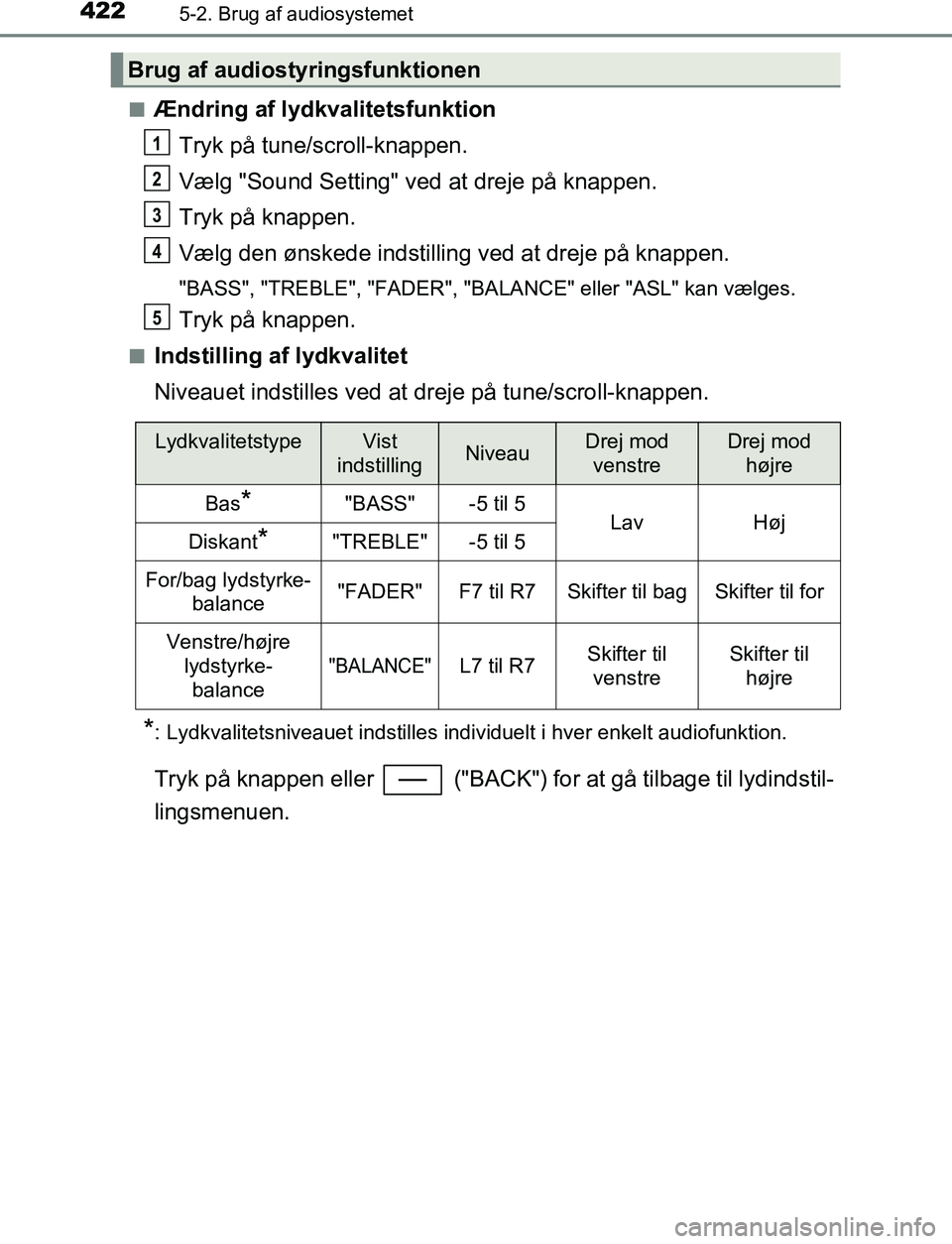 TOYOTA C_HR HYBRID 2016  Brugsanvisning (in Danish) 4225-2. Brug af audiosystemet
C-HR_HV_OM_Europe_OM10538DKn
Ændring af lydkvalitetsfunktion
Tryk på tune/scroll-knappen.
Vælg "Sound Setting" v ed at dreje på knappen.
Tryk på knappen.
Vælg den 