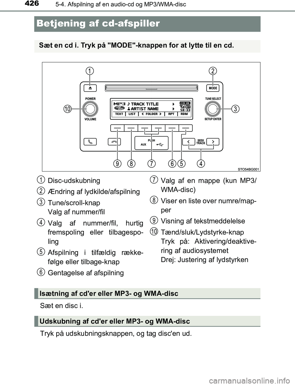 TOYOTA C_HR HYBRID 2016  Brugsanvisning (in Danish) 4265-4. Afspilning af en audio-cd og MP3/WMA-disc
C-HR_HV_OM_Europe_OM10538DK
Betjening af cd-afspiller
Sæt en disc i.
Tryk på udskubningsknappen, og tag discen ud.
Sæt en cd i. Tryk på "MODE"-kn