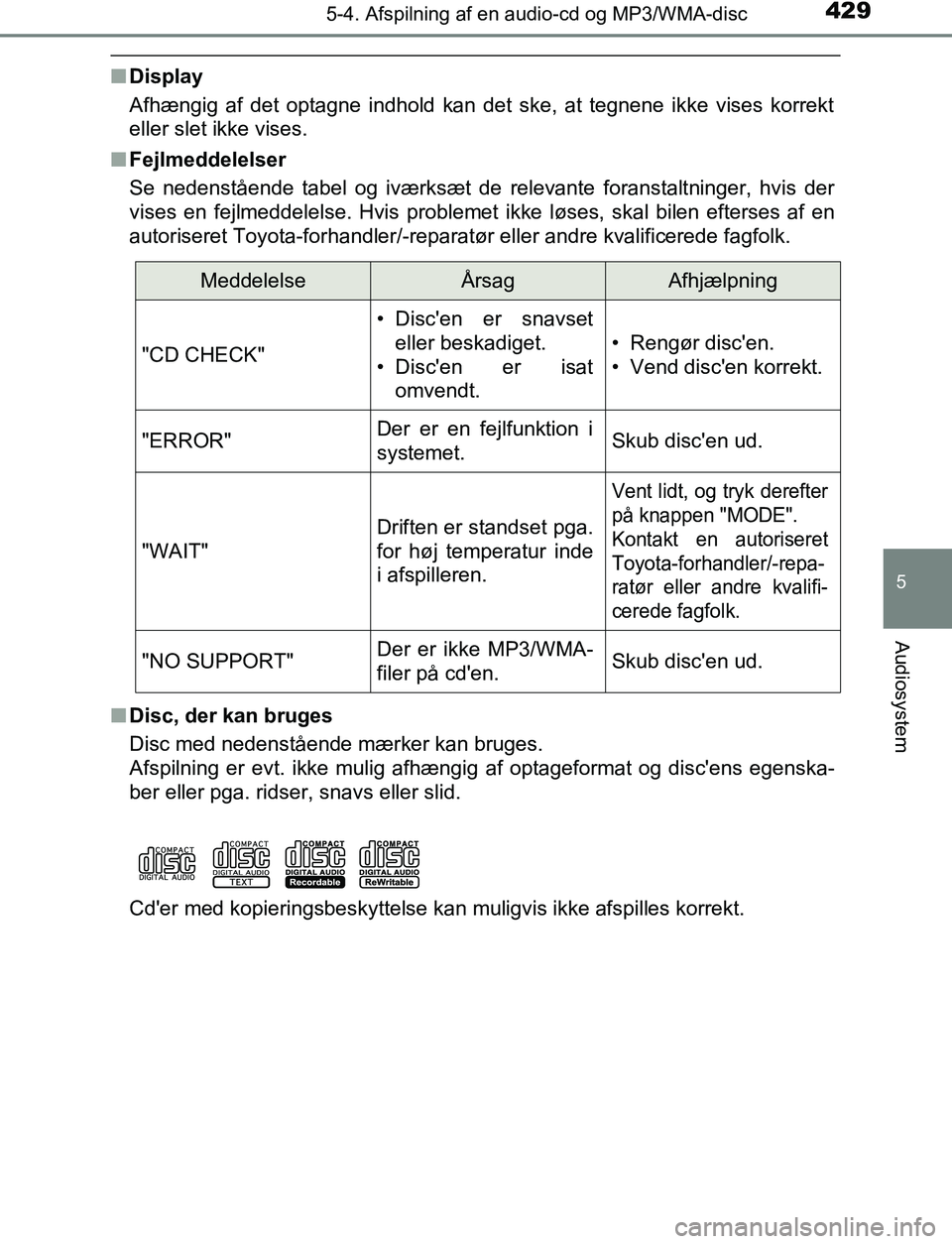 TOYOTA C_HR HYBRID 2016 Brugsanvisning (in Danish) 4295-4. Afspilning af en audio-cd og MP3/WMA-disc
5
Audiosystem
C-HR_HV_OM_Europe_OM10538DK
nDisplay
Afhængig af det optagne indhold kan det ske, at tegnene ikke vises korrekt
eller slet ikke vises.
TOYOTA C_HR HYBRID 2016 Brugsanvisning (in Danish) 4295-4. Afspilning af en audio-cd og MP3/WMA-disc
5
Audiosystem
C-HR_HV_OM_Europe_OM10538DK
nDisplay
Afhængig af det optagne indhold kan det ske, at tegnene ikke vises korrekt
eller slet ikke vises.