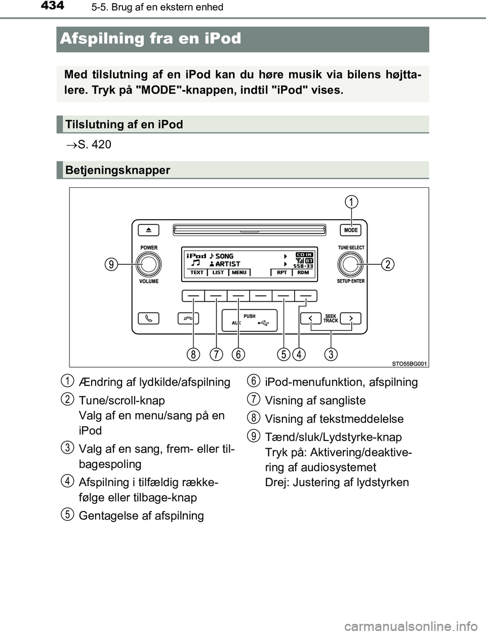 TOYOTA C_HR HYBRID 2016  Brugsanvisning (in Danish) 4345-5. Brug af en ekstern enhed
C-HR_HV_OM_Europe_OM10538DK
Afspilning fra en iPod
S. 420
Med tilslutning af en iPod kan du høre musik via bilens højtta-
lere. Tryk på "MODE"-knappe n, indtil "