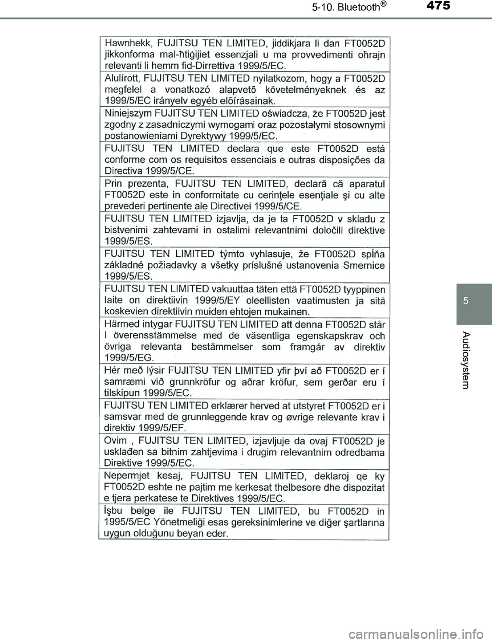TOYOTA C_HR HYBRID 2016  Brugsanvisning (in Danish) 4755-10. Bluetooth®
5
Audiosystem
C-HR_HV_OM_Europe_OM10538DK
OM10538DK.book  Page 475  Thursday, December 22, 2016  11:23 AM 