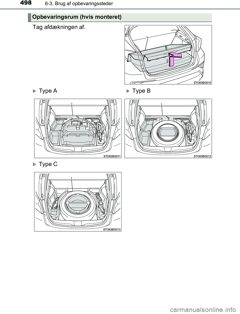 TOYOTA C_HR HYBRID 2016  Brugsanvisning (in Danish) 4986-3. Brug af opbevaringssteder
C-HR_HV_OM_Europe_OM10538DK
Tag afdækningen af.
Opbevaringsrum (hvis monteret)
Type AType B
Type C
OM10538DK.book  Page 498  Thursday, December 22, 2016  11
