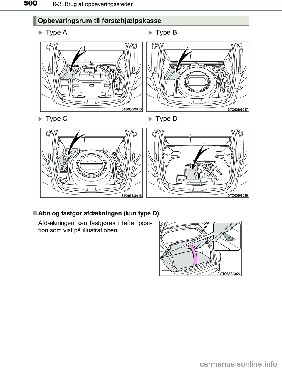 TOYOTA C_HR HYBRID 2016  Brugsanvisning (in Danish) 5006-3. Brug af opbevaringssteder
C-HR_HV_OM_Europe_OM10538DK
nÅbn og fastgør afdækningen (kun type D).
Opbevaringsrum til førstehjælpskasse
Type AType B
Type CType D
Afdækningen kan