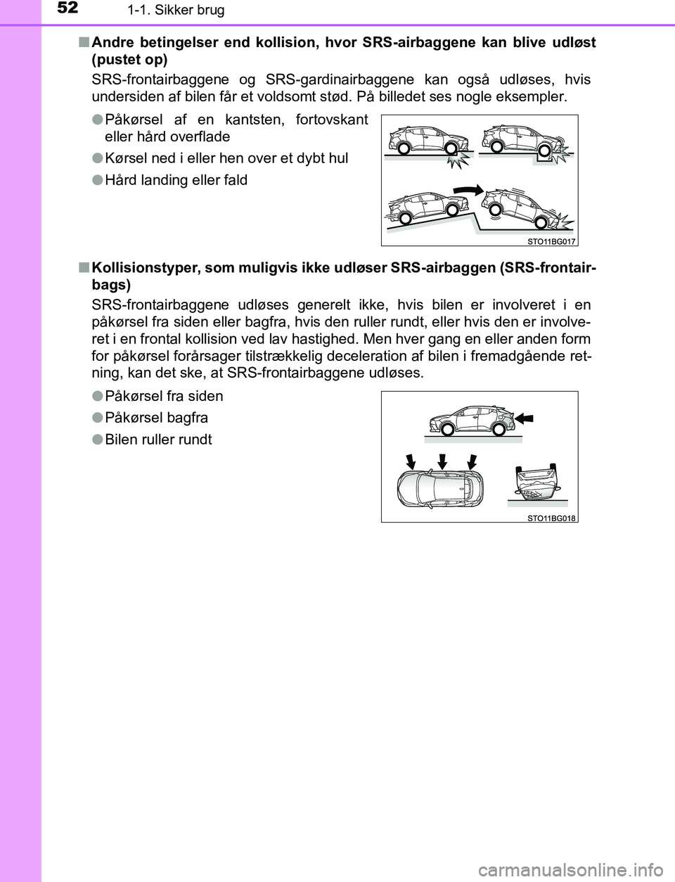 TOYOTA C_HR HYBRID 2016  Brugsanvisning (in Danish) 521-1. Sikker brug
C-HR_HV_OM_Europe_OM10538DKn
Andre betingelser end kollision, hv or SRS-airbaggene kan blive udløst
(pustet op)
SRS-frontairbaggene og SRS-gardinairbaggene kan også udløses, hvis