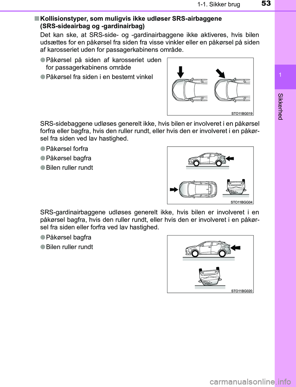 TOYOTA C_HR HYBRID 2016 Brugsanvisning (in Danish) 531-1. Sikker brug
1
Sikkerhed
C-HR_HV_OM_Europe_OM10538DKn
Kollisionstyper, som muligvis ikke udløser SRS-airbaggene
(SRS-sideairbag og -gardinairbag)
Det kan ske, at SRS-side- og -gardinairbaggene TOYOTA C_HR HYBRID 2016 Brugsanvisning (in Danish) 531-1. Sikker brug
1
Sikkerhed
C-HR_HV_OM_Europe_OM10538DKn
Kollisionstyper, som muligvis ikke udløser SRS-airbaggene
(SRS-sideairbag og -gardinairbag)
Det kan ske, at SRS-side- og -gardinairbaggene