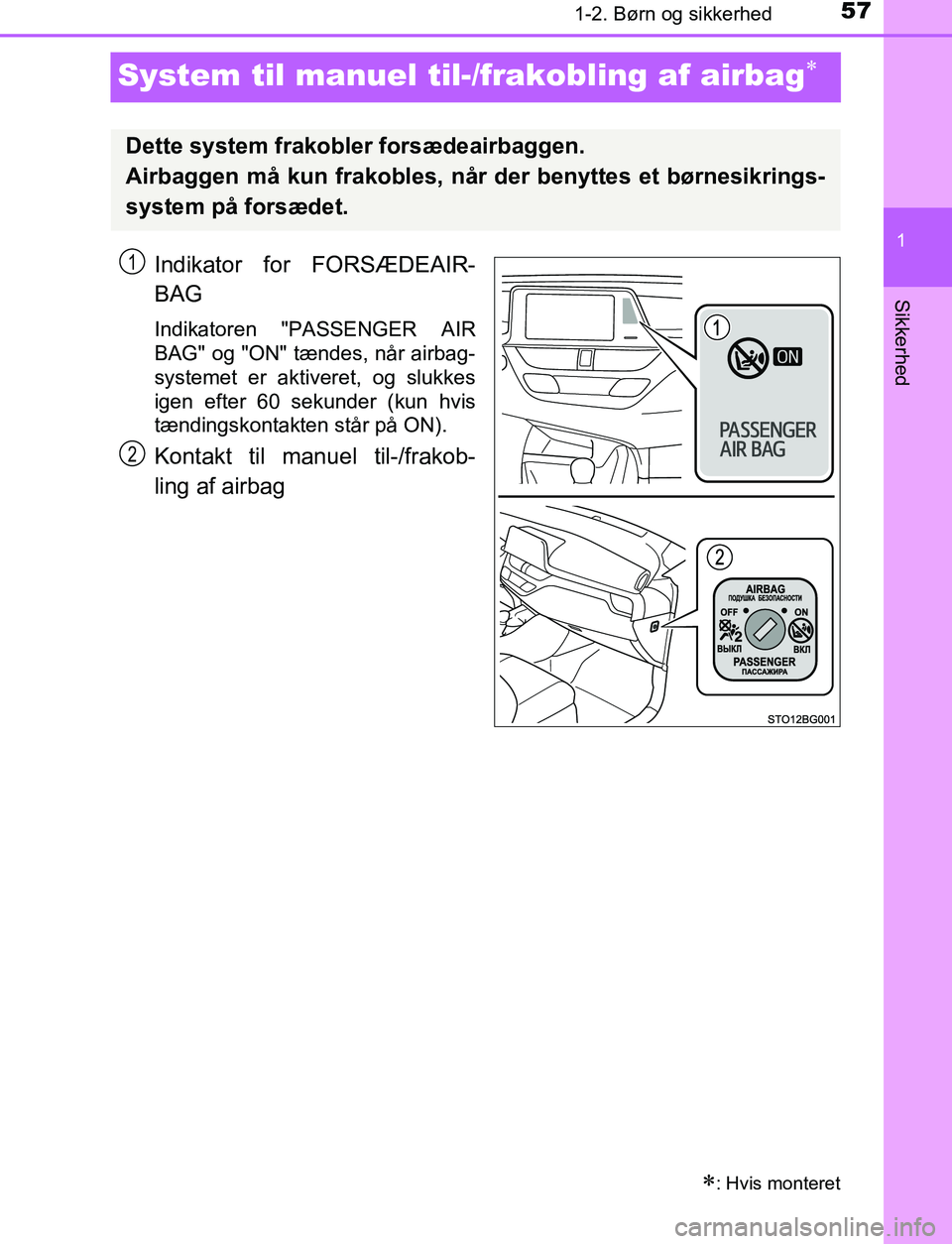 TOYOTA C_HR HYBRID 2016  Brugsanvisning (in Danish) 571-2. Børn og sikkerhed
1
Sikkerhed
C-HR_HV_OM_Europe_OM10538DK
System til manuel til-/frakobling af airbag
Indikator for FORSÆDEAIR-
BAG
Indikatoren "PASSENGER AIR
BAG" og "ON" tændes, når ai