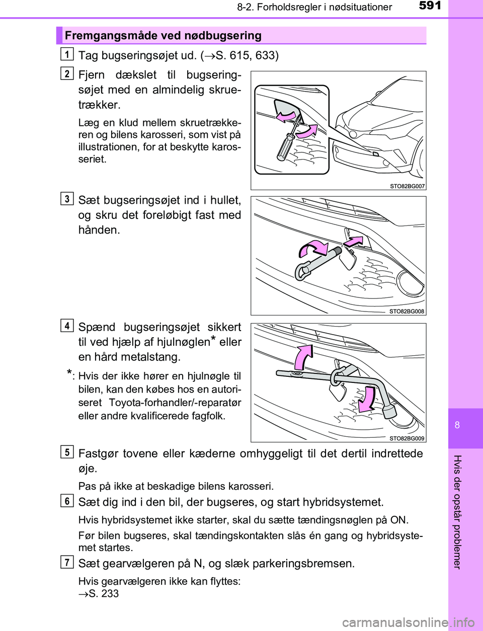 TOYOTA C_HR HYBRID 2016 Brugsanvisning (in Danish) 5918-2. Forholdsregler i nødsituationer
C-HR_HV_OM_Europe_OM10538DK
8
Hvis der opstår problemer
Tag bugseringsøjet ud. (S. 615, 633)
Fjern dækslet til bugsering-
søjet med en almindelig skrue- TOYOTA C_HR HYBRID 2016 Brugsanvisning (in Danish) 5918-2. Forholdsregler i nødsituationer
C-HR_HV_OM_Europe_OM10538DK
8
Hvis der opstår problemer
Tag bugseringsøjet ud. (S. 615, 633)
Fjern dækslet til bugsering-
søjet med en almindelig skrue-