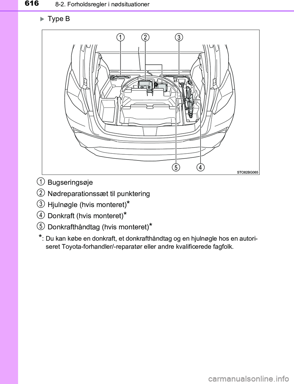TOYOTA C_HR HYBRID 2016  Brugsanvisning (in Danish) 6168-2. Forholdsregler i nødsituationer
C-HR_HV_OM_Europe_OM10538DK
Type B
Bugseringsøje
Nødreparationssæt til punktering
Hjulnøgle (hvis monteret)
*
Donkraft (hvis monteret)*
Donkrafthåndtag