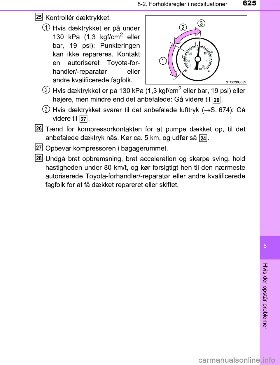 TOYOTA C_HR HYBRID 2016 Brugsanvisning (in Danish) 6258-2. Forholdsregler i nødsituationer
C-HR_HV_OM_Europe_OM10538DK
8
Hvis der opstår problemer
Kontrollér dæktrykket.Hvis dæktrykket er på under
130 kPa (1,3 kgf/cm
2 eller
bar, 19 psi): Punkte TOYOTA C_HR HYBRID 2016 Brugsanvisning (in Danish) 6258-2. Forholdsregler i nødsituationer
C-HR_HV_OM_Europe_OM10538DK
8
Hvis der opstår problemer
Kontrollér dæktrykket.Hvis dæktrykket er på under
130 kPa (1,3 kgf/cm
2 eller
bar, 19 psi): Punkte
