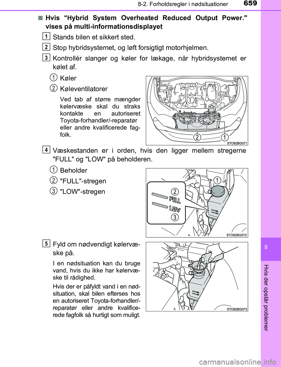 TOYOTA C_HR HYBRID 2016 Brugsanvisning (in Danish) 6598-2. Forholdsregler i nødsituationer
C-HR_HV_OM_Europe_OM10538DK
8
Hvis der opstår problemer
nHvis "Hybrid System Overheated Reduced Output Power."
vises på multi-informationsdisplayet
Stands TOYOTA C_HR HYBRID 2016 Brugsanvisning (in Danish) 6598-2. Forholdsregler i nødsituationer
C-HR_HV_OM_Europe_OM10538DK
8
Hvis der opstår problemer
nHvis "Hybrid System Overheated Reduced Output Power."
vises på multi-informationsdisplayet
Stands