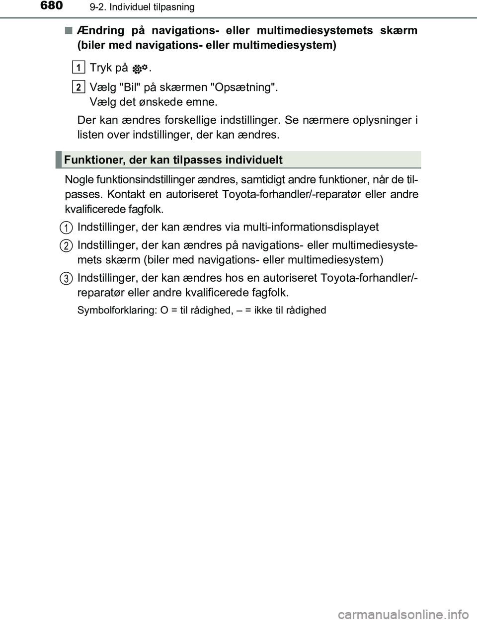 TOYOTA C_HR HYBRID 2016 Brugsanvisning (in Danish) 6809-2. Individuel tilpasning
C-HR_HV_OM_Europe_OM10538DKn
Ændring på navigations- eller multimediesystemets skærm
(biler med navigations- eller multimediesystem)
Tryk på .
Vælg "Bil" på skærm TOYOTA C_HR HYBRID 2016 Brugsanvisning (in Danish) 6809-2. Individuel tilpasning
C-HR_HV_OM_Europe_OM10538DKn
Ændring på navigations- eller multimediesystemets skærm
(biler med navigations- eller multimediesystem)
Tryk på .
Vælg "Bil" på skærm
