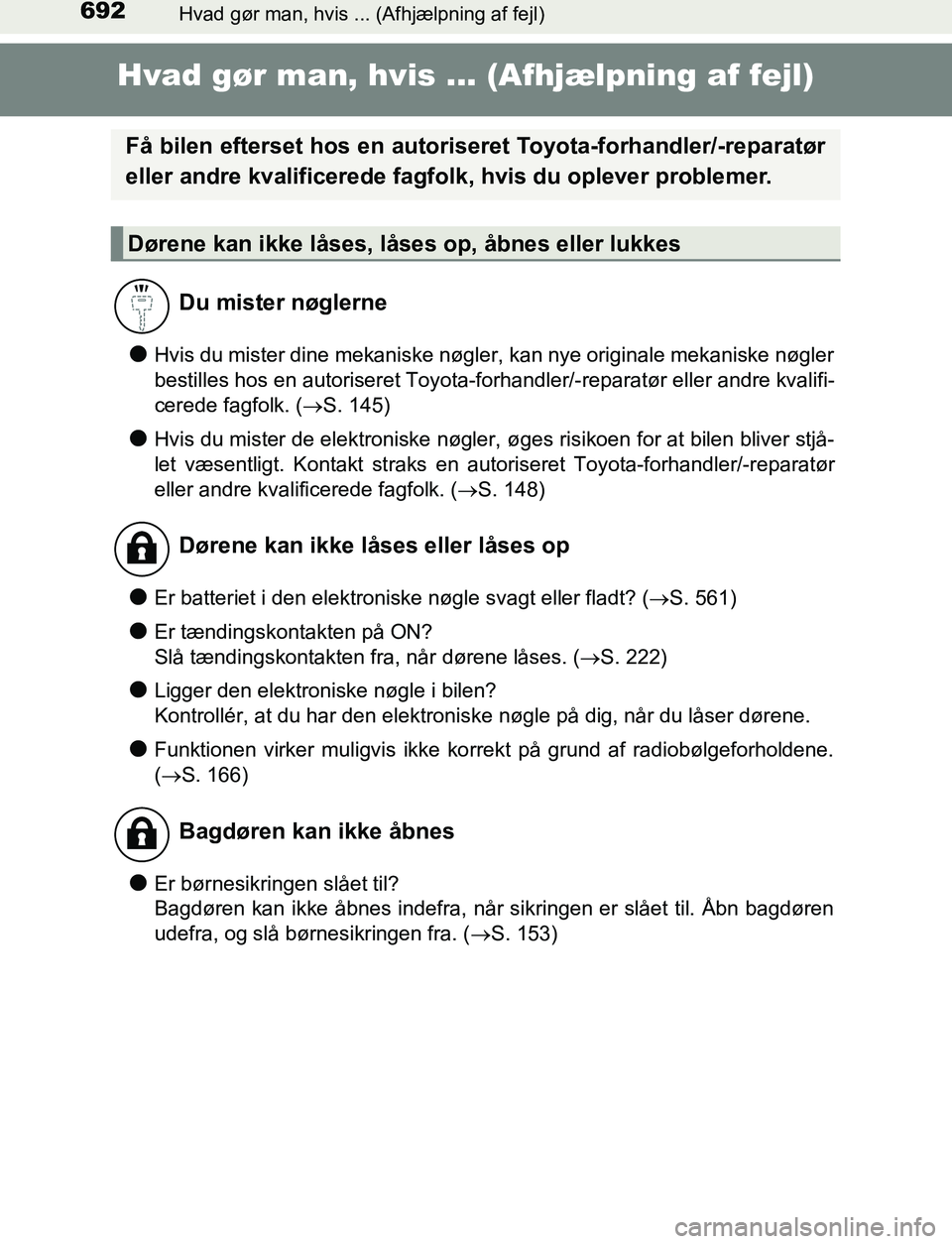 TOYOTA C_HR HYBRID 2016 Brugsanvisning (in Danish) 692Hvad gør man, hvis ... (Afhjælpning af fejl)
C-HR_HV_OM_Europe_OM10538DK
Hvad gør man, hvis ... (Afhjælpning af fejl)
lHvis du mister dine mekaniske nøgler, kan nye originale mekaniske nøgler TOYOTA C_HR HYBRID 2016 Brugsanvisning (in Danish) 692Hvad gør man, hvis ... (Afhjælpning af fejl)
C-HR_HV_OM_Europe_OM10538DK
Hvad gør man, hvis ... (Afhjælpning af fejl)
lHvis du mister dine mekaniske nøgler, kan nye originale mekaniske nøgler