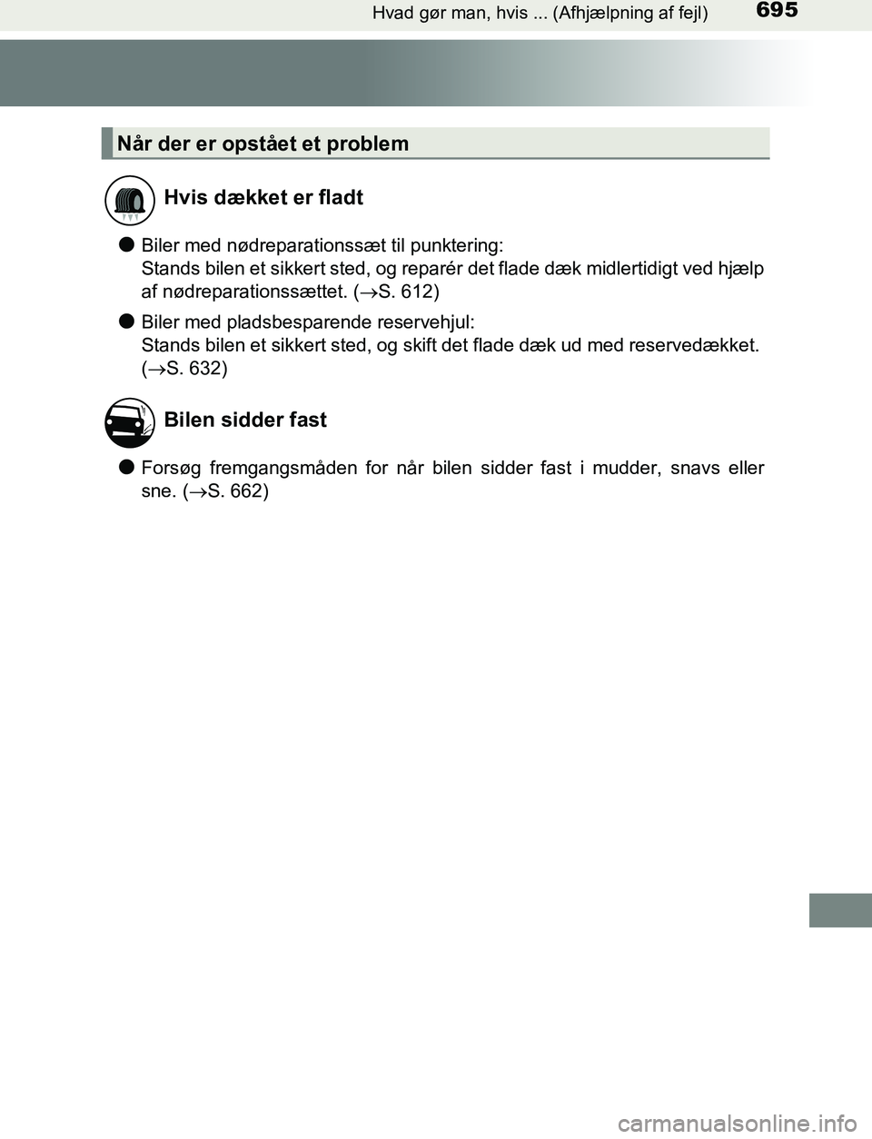 TOYOTA C_HR HYBRID 2016  Brugsanvisning (in Danish) 695Hvad gør man, hvis ... (Afhjælpning af fejl)
C-HR_HV_OM_Europe_OM10538DK
lBiler med nødreparationssæt til punktering: 
Stands bilen et sikkert sted, og reparér det flade dæk midlertidigt ved 