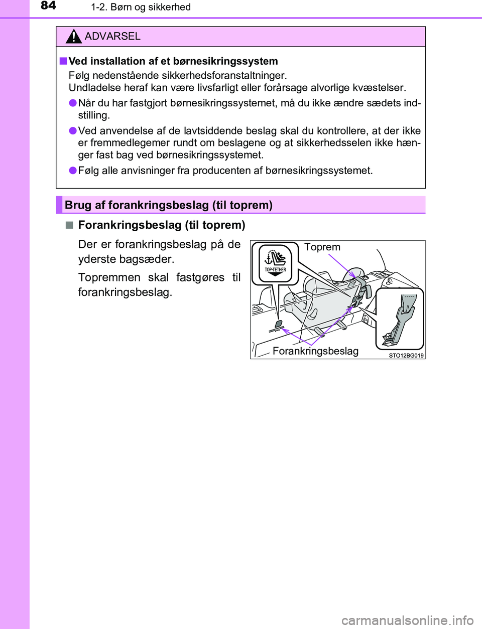 TOYOTA C_HR HYBRID 2016  Brugsanvisning (in Danish) 841-2. Børn og sikkerhed
C-HR_HV_OM_Europe_OM10538DKn
Forankringsbeslag (til toprem)
Der er forankringsbeslag på de
yderste bagsæder.
Topremmen skal fastgøres til
forankringsbeslag.
ADVARSEL
n Ved