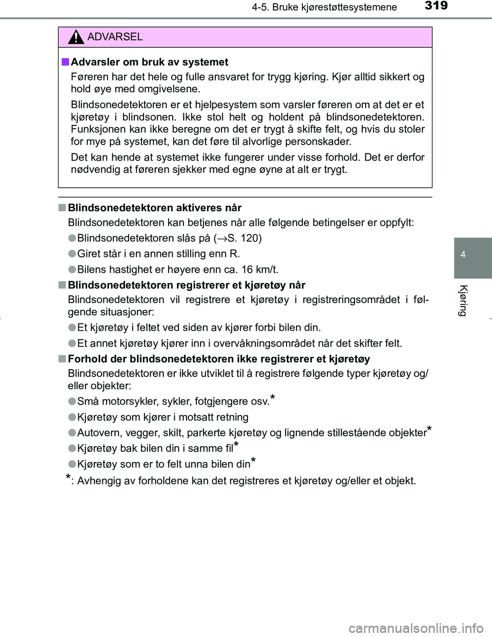 TOYOTA C_HR HYBRID 2016 Instruksjoner for bruk (in Norwegian) 3194-5. Bruke kjørestøttesystemene
4
Kjøring
C-HR_HV_OM_Europe_OM10538NO
nBlindsonedetektoren aktiveres når
Blindsonedetektoren kan betjenes når alle følgende betingelser er oppfylt:
lBlindsoned TOYOTA C_HR HYBRID 2016 Instruksjoner for bruk (in Norwegian) 3194-5. Bruke kjørestøttesystemene
4
Kjøring
C-HR_HV_OM_Europe_OM10538NO
nBlindsonedetektoren aktiveres når
Blindsonedetektoren kan betjenes når alle følgende betingelser er oppfylt:
lBlindsoned
