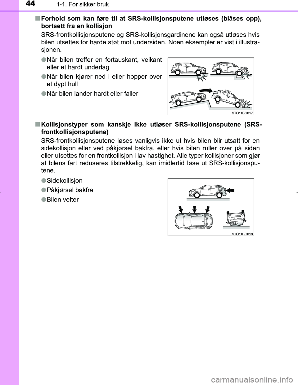 TOYOTA C_HR HYBRID 2016  Instruksjoner for bruk (in Norwegian) 441-1. For sikker bruk
C-HR_HV_OM_Europe_OM10538NOn
Forhold som kan føre til at SRS-kollisjonsputene utløses (blåses opp),
bortsett fra en kollisjon
SRS-frontkollisjonsputene og SRS-kollisjonsgardi