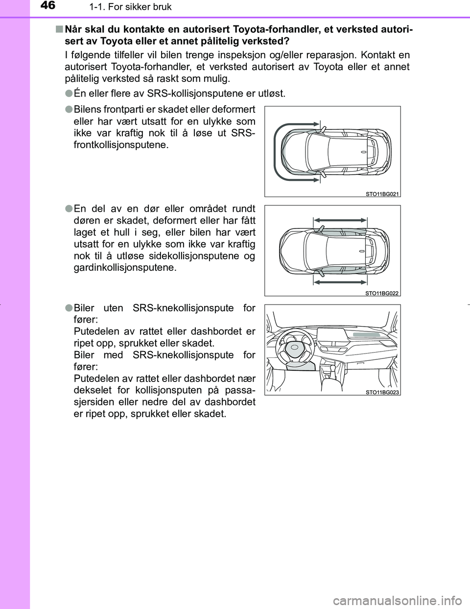 TOYOTA C_HR HYBRID 2016  Instruksjoner for bruk (in Norwegian) 461-1. For sikker bruk
C-HR_HV_OM_Europe_OM10538NOn
Når skal du kontakte en autorisert Toyota-forhandler, et verksted autori-
sert av Toyota eller et annet pålitelig verksted?
I følgende tilfeller 