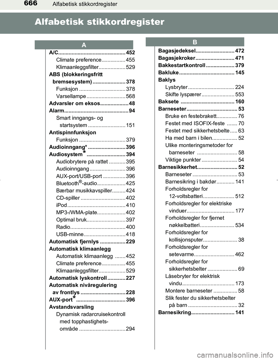 TOYOTA C_HR HYBRID 2016 Instruksjoner for bruk (in Norwegian) 666Alfabetisk stikkordregister
C-HR_HV_OM_Europe_OM10538NO
Alfabetisk st ikkordregister
A/C............................................. 452
Climate preference................ 455
Klimaanleggsfilter.. TOYOTA C_HR HYBRID 2016 Instruksjoner for bruk (in Norwegian) 666Alfabetisk stikkordregister
C-HR_HV_OM_Europe_OM10538NO
Alfabetisk st ikkordregister
A/C............................................. 452
Climate preference................ 455
Klimaanleggsfilter..