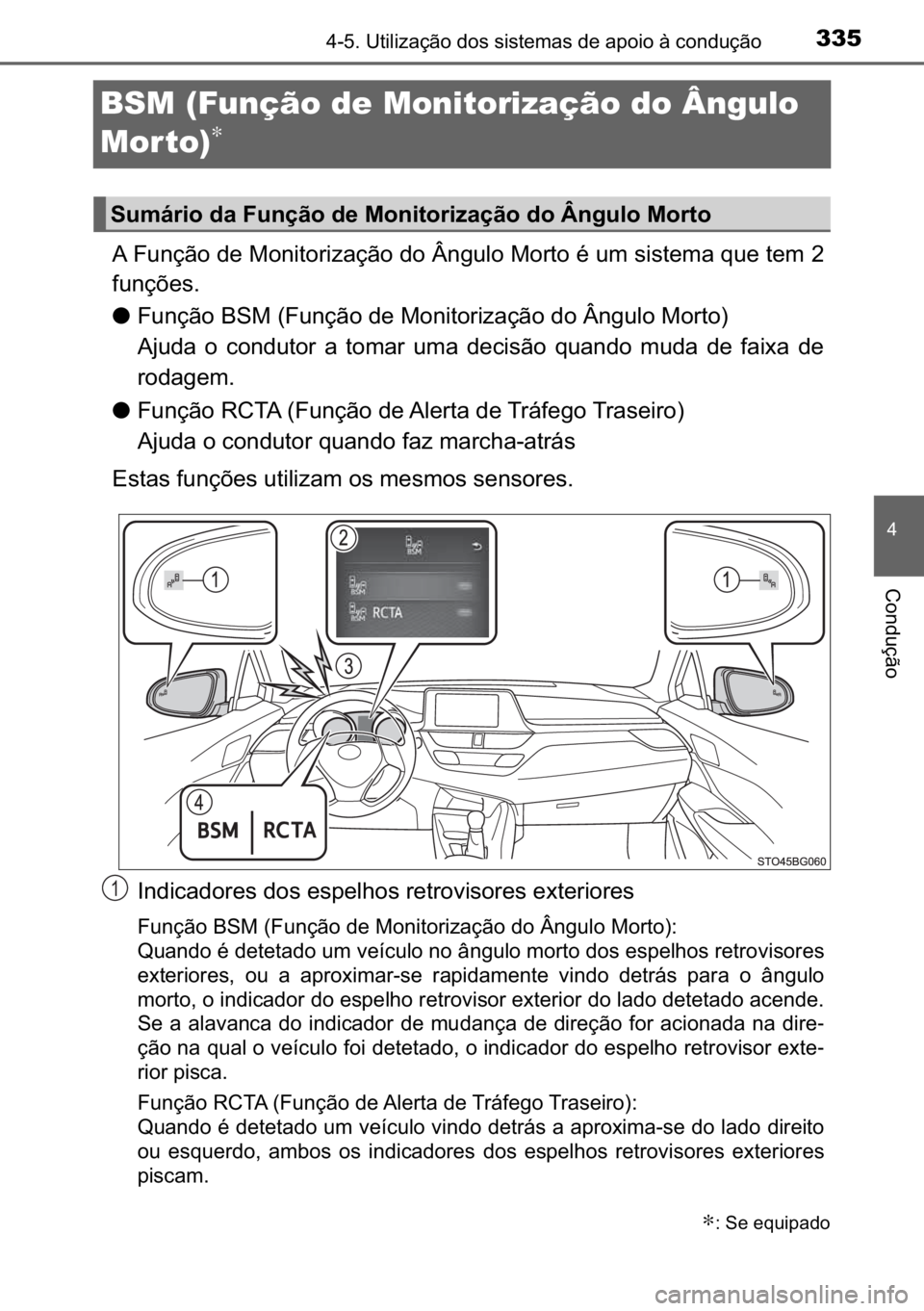 TOYOTA C_HR HYBRID 2016  Manual de utilização (in Portuguese) 335
�
������8�W�L�O�L�]�D�o�m�R��G�R�V��V�L�V�W�H�P�D�V��G�H��D�S�R�L�R��j��F�R�Q�G�X�o�m�R
�&�R�Q�G�X�o�m�R
BSM (Função de Monitorização do Ângulo 
Mor to)
∗
�$��)�X�Q�o�m�R��G�H