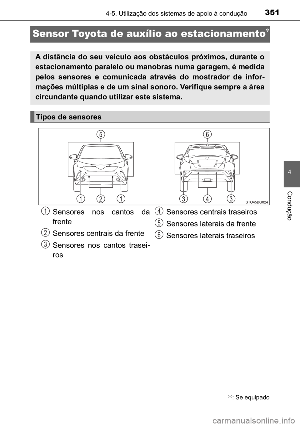 TOYOTA C_HR HYBRID 2016  Manual de utilização (in Portuguese) 351
�
������8�W�L�O�L�]�D�o�m�R��G�R�V��V�L�V�W�H�P�D�V��G�H��D�S�R�L�R��j��F�R�Q�G�X�o�m�R
�&�R�Q�G�X�o�m�R
Sensor Toyota de auxílio ao estacionamento∗
∗���6�H��H�T�X�L�S�D�G�R
�$