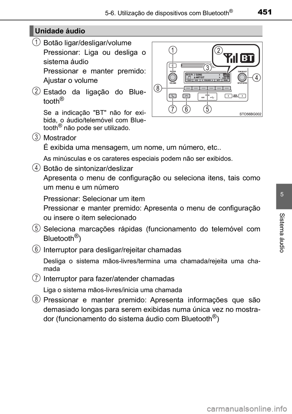 TOYOTA C_HR HYBRID 2016  Manual de utilização (in Portuguese) 451������8�W�L�O�L�]�D�o�m�R��G�H��G�L�V�S�R�V�L�W�L�Y�R�V��F�R�P��%�O�X�H�W�R�R�W�K�Š
�
�6�L�V�W�H�P�D��i�X�G�L�R
�%�R�W�m�R��O�L�J�D�U��G�H�V�O�L�J�D�U��Y�R�O�X�P�H
�3�U�H�V�V�L�R�Q�D