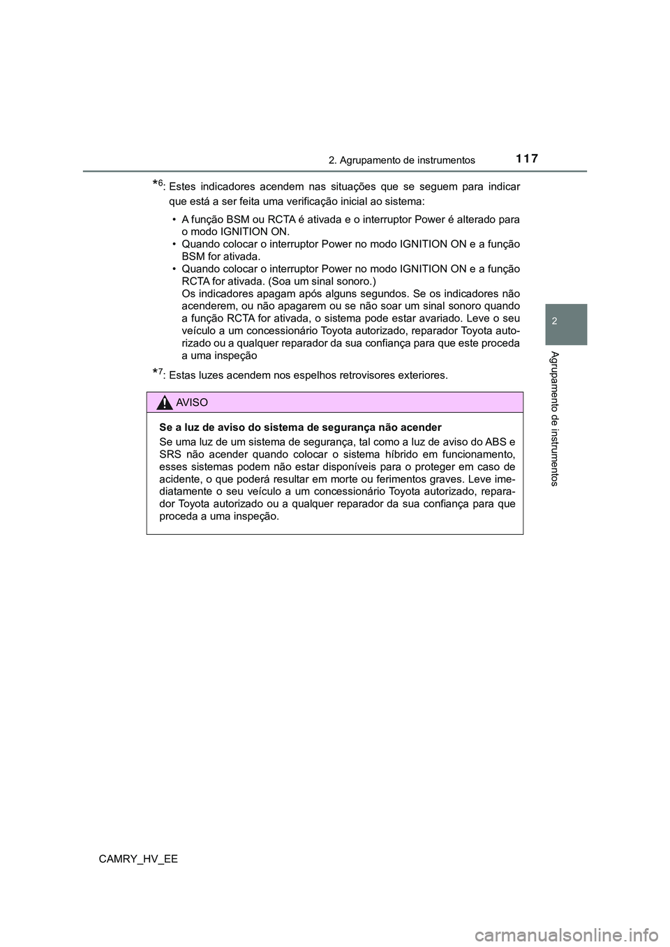 TOYOTA CAMRY 2023 Manual de utilização (in Portuguese) 1172. Agrupamento de instrumentos
CAMRY_HV_EE
2
Agrupamento de instrumentos
*6: Estes indicadores acendem nas situações que se seguem para indicar
que está a ser feita uma verificação in TOYOTA CAMRY 2023 Manual de utilização (in Portuguese) 1172. Agrupamento de instrumentos
CAMRY_HV_EE
2
Agrupamento de instrumentos
*6: Estes indicadores acendem nas situações que se seguem para indicar
que está a ser feita uma verificação in