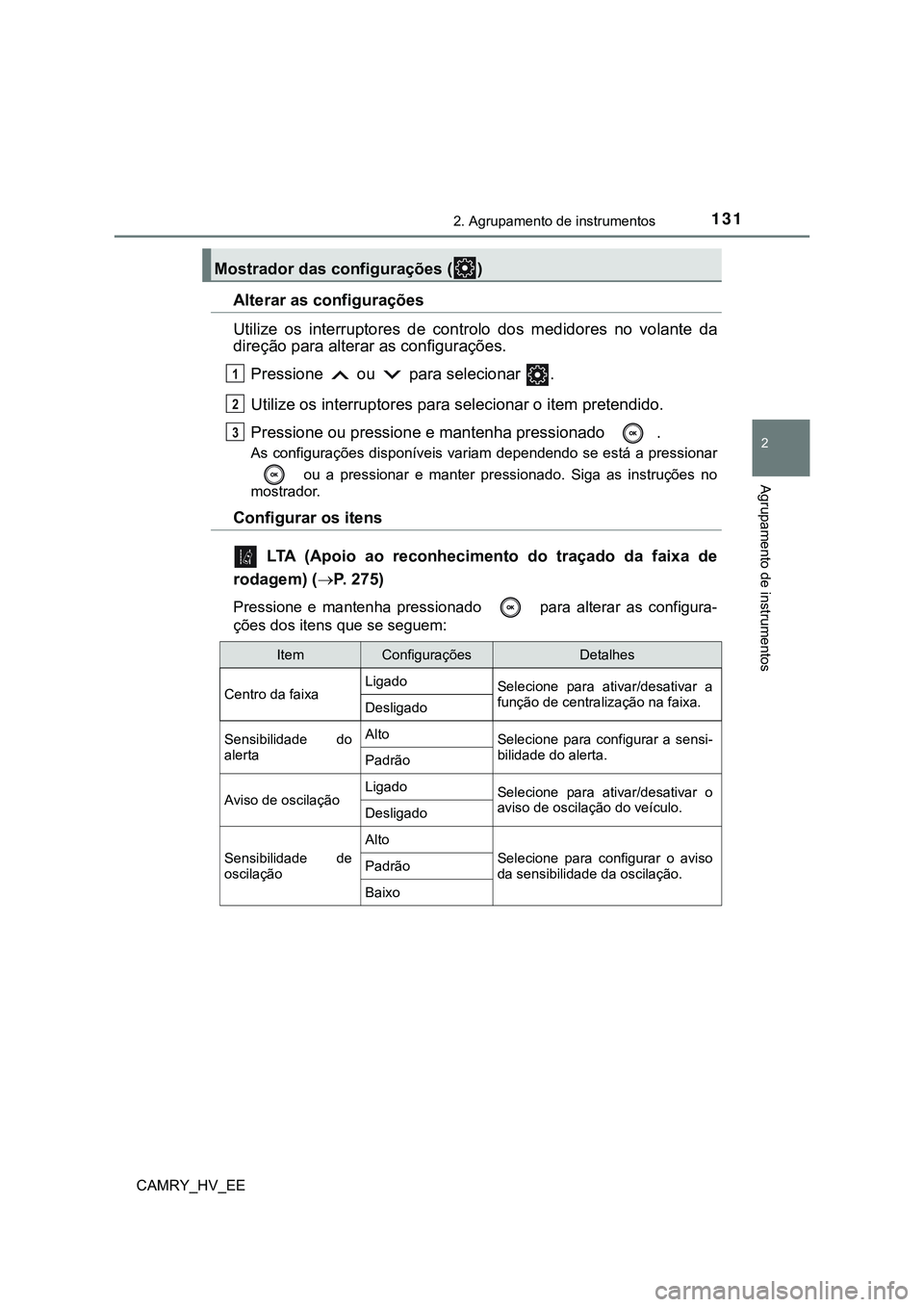 TOYOTA CAMRY 2023 Manual de utilização (in Portuguese) 1312. Agrupamento de instrumentos
CAMRY_HV_EE
2
Agrupamento de instrumentos
Alterar as configurações
Utilize os interruptores de controlo dos medidores no volante da
direção para alterar TOYOTA CAMRY 2023 Manual de utilização (in Portuguese) 1312. Agrupamento de instrumentos
CAMRY_HV_EE
2
Agrupamento de instrumentos
Alterar as configurações
Utilize os interruptores de controlo dos medidores no volante da
direção para alterar