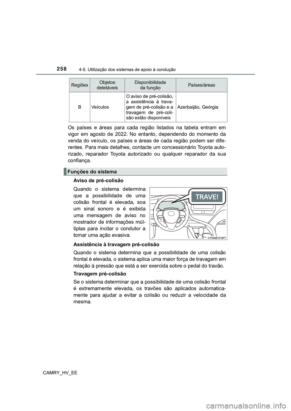 TOYOTA CAMRY 2023  Manual de utilização (in Portuguese) 2584-5. Utilização dos sistemas de apoio à condução
CAMRY_HV_EE
Os  países  e  áreas  para  cada  região  listados  na  tabela  entram  em
vigor  em  agosto  de  2022.  No  entanto,  dependend
