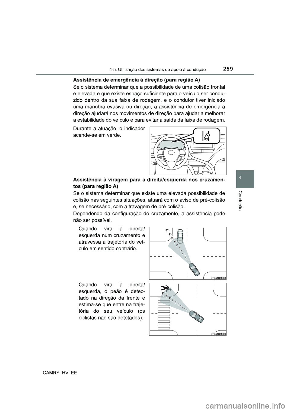TOYOTA CAMRY 2023  Manual de utilização (in Portuguese) 2594-5. Utilização dos sistemas de apoio à condução
CAMRY_HV_EE
4
Condução
Assistência de emergência à direção (para região A)
Se o sistema determinar que a possibilidade de uma colisão 