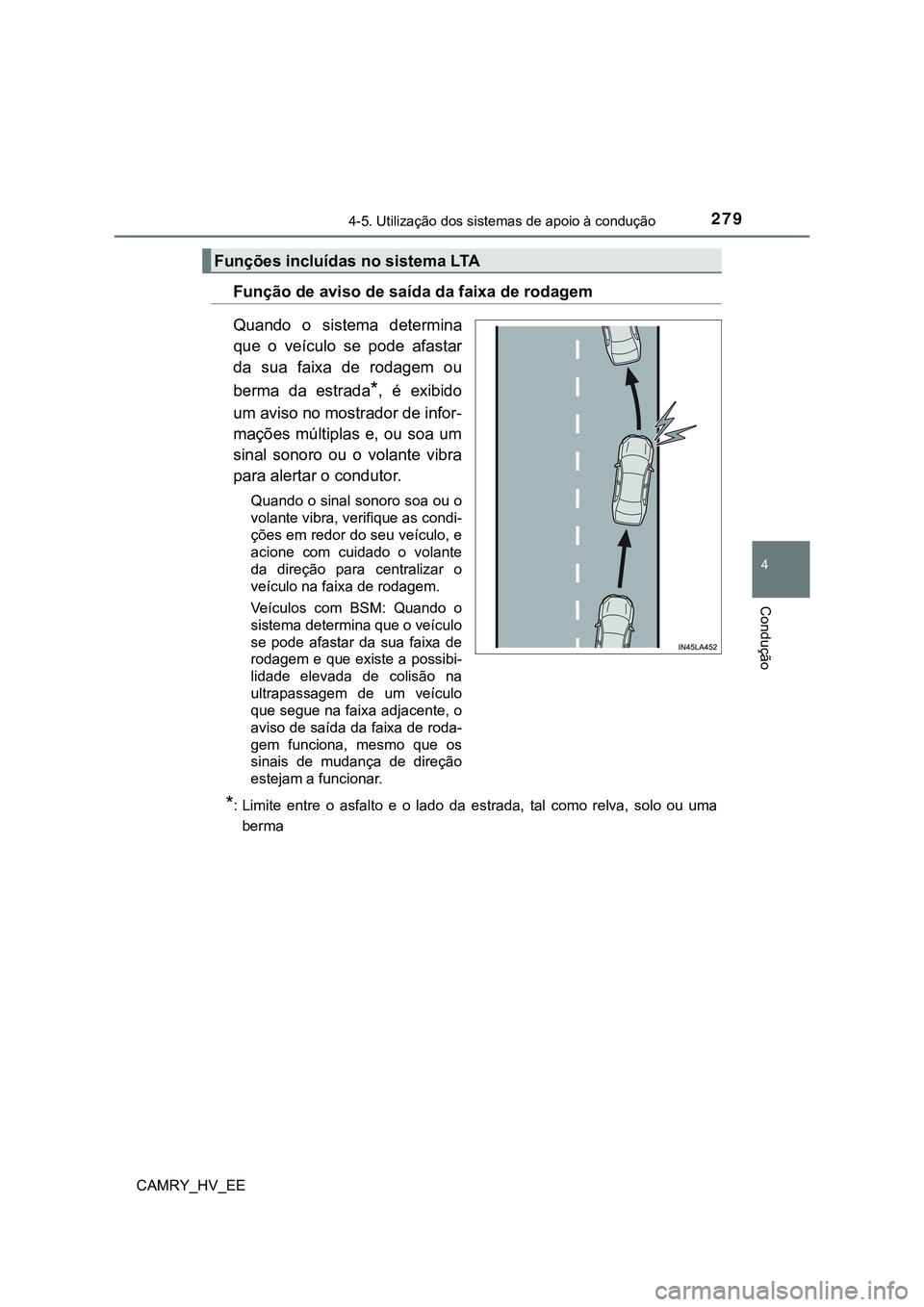 TOYOTA CAMRY 2023  Manual de utilização (in Portuguese) 2794-5. Utilização dos sistemas de apoio à condução
CAMRY_HV_EE
4
Condução
Função de aviso de saída da faixa de rodagem
Quando  o  sistema  determina
que  o  veículo  se  pode  afastar
da  